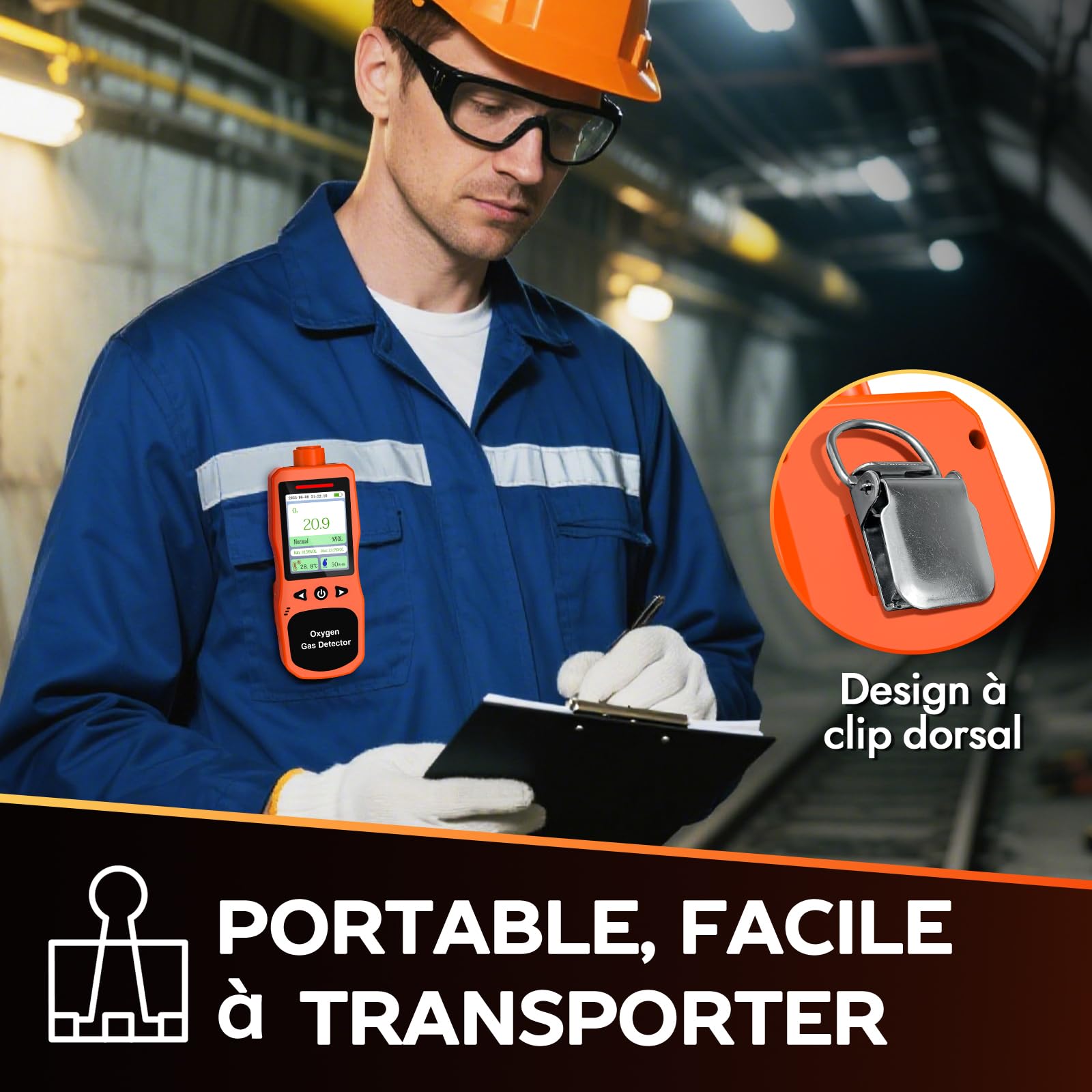 Détecteur d’Oxygène Portatif, Moniteur O2 Rechargeable avec Alarmes Sonores, Lumineuses et Vibrantes, Analyseur de Qualité de l’Air Oxygène Mesurant la Température et l’Humidité