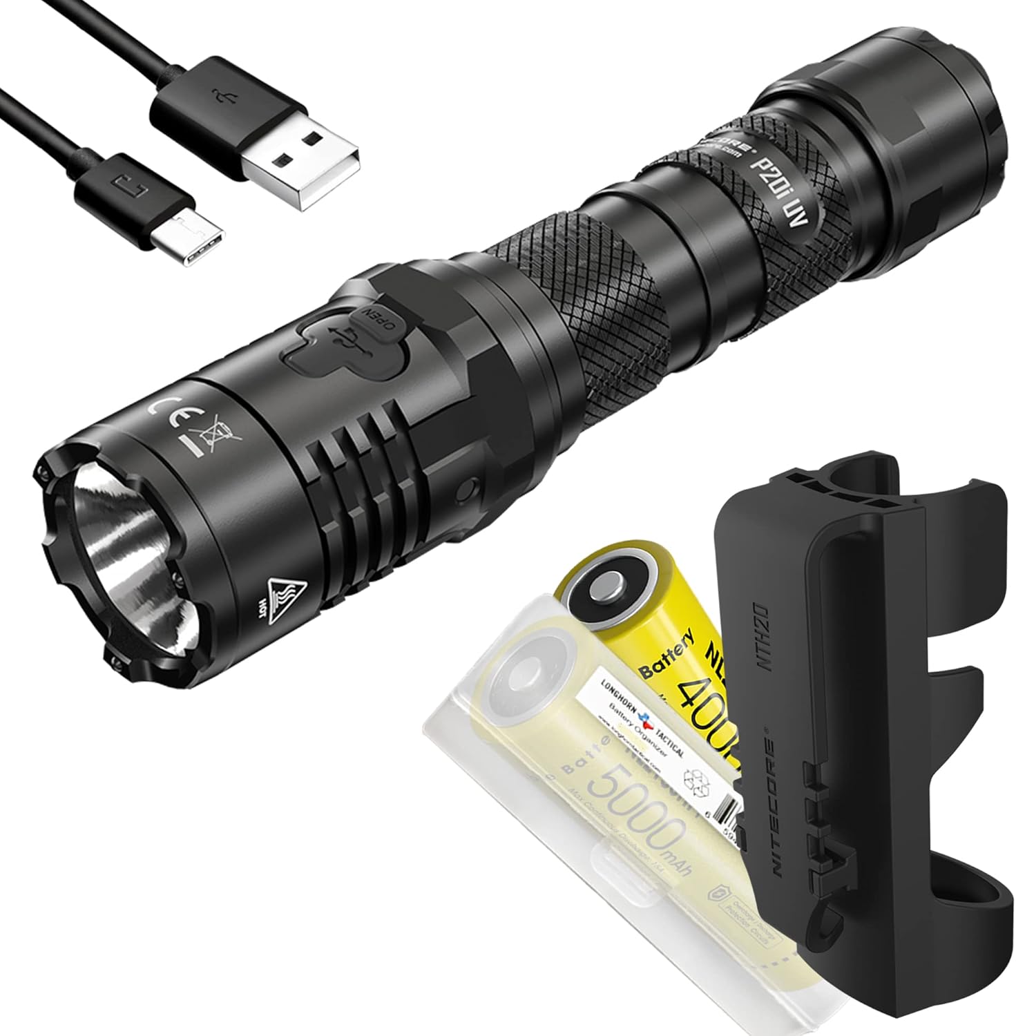Nitecore P20i UV Tactical Flashlight with UV Light, 1800 Lumen USB Rechargeable Including 2X Rechargeable Batteries and LumenTac Battery Organizer