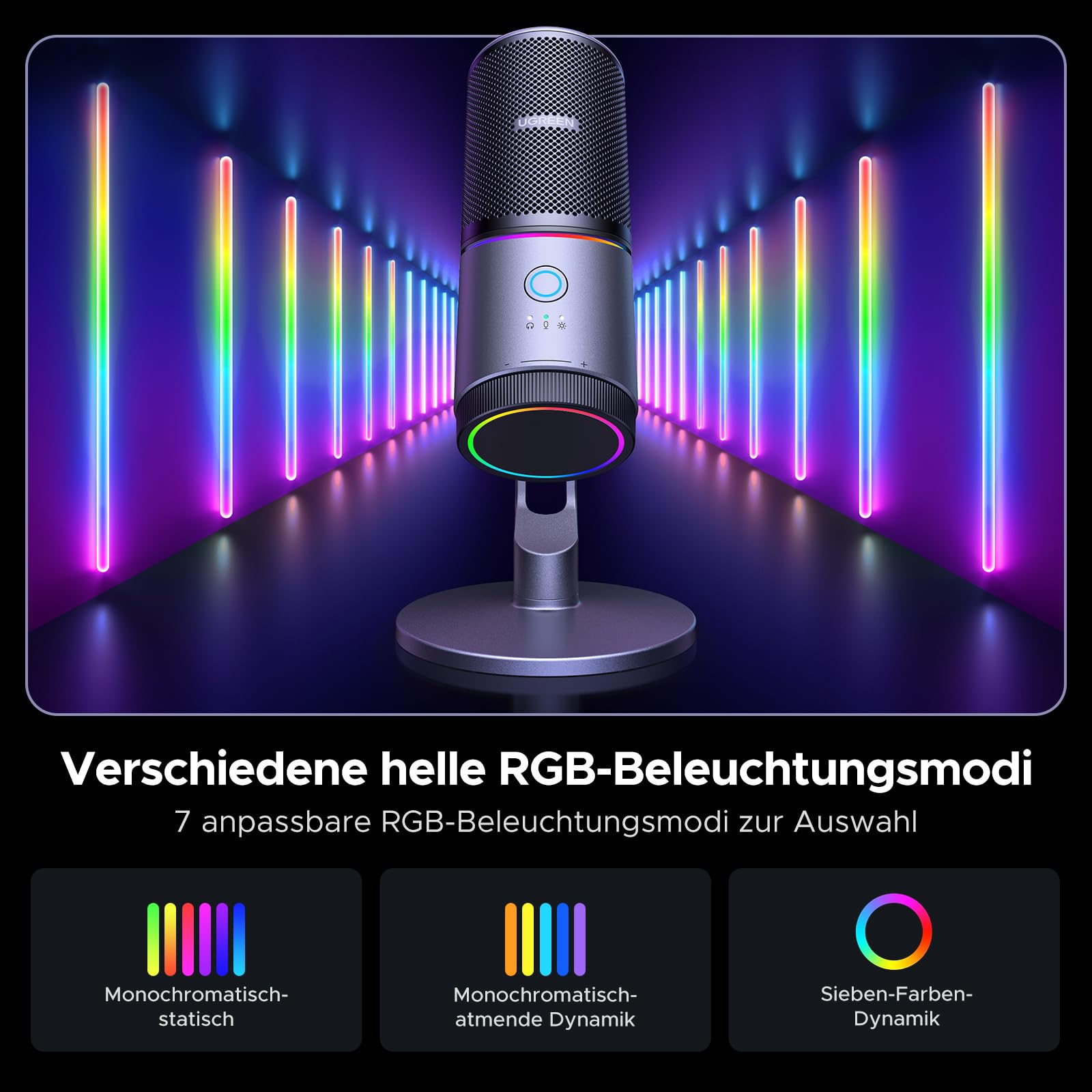 UGREEN Mikrofon Gaming für PC USB Microphone mit RGB Licht 24bit/96kHz Stummschalttaste Gaming Mic für PS5 /PS4 Kondensatormikrofon für Streaming, Podcasting, Aufnahme, Laptop
