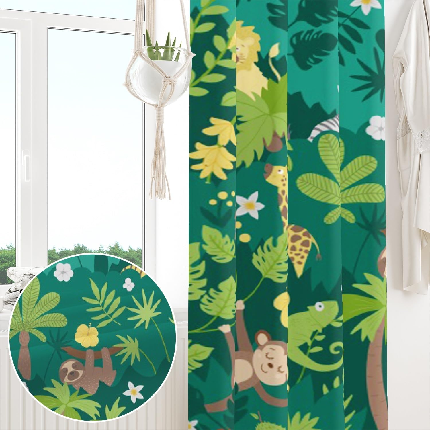 135x229cm Cartoon Tiere Ösenvorhang für Kinderzimmer Grüner Wald Tropisch Bunt Niedlich Zoo Ösenvorhänge Verdunkelungsvorhänge Fenstervorhänge für Jungenzimmer Wohnzimmer,2 paneel
