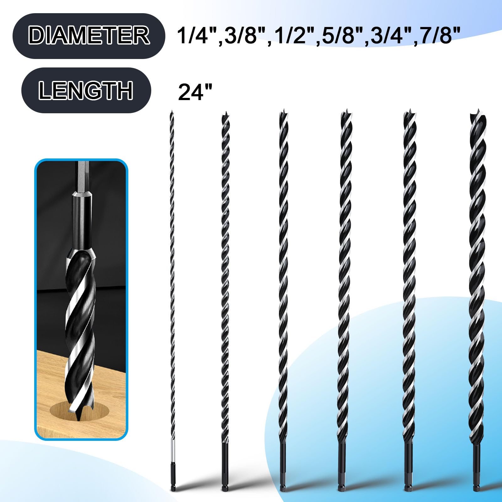 6 brocas de barrena de 24 pulgadas de largo para madera, vástago hexagonal de cambio rápido para madera blanda y dura, plástico, paneles de yeso y materiales compuestos (1/10.2 cm, 3/20.3 cm, 1/5.1 cm