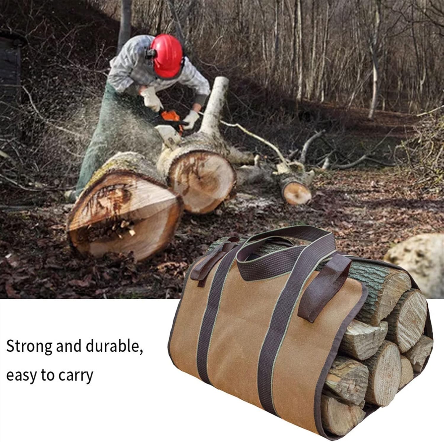 Canvas Firewood Log Carrier Tote – Camping and Home Storage Rack, Durable Firewood Collect Holder (Khaki)