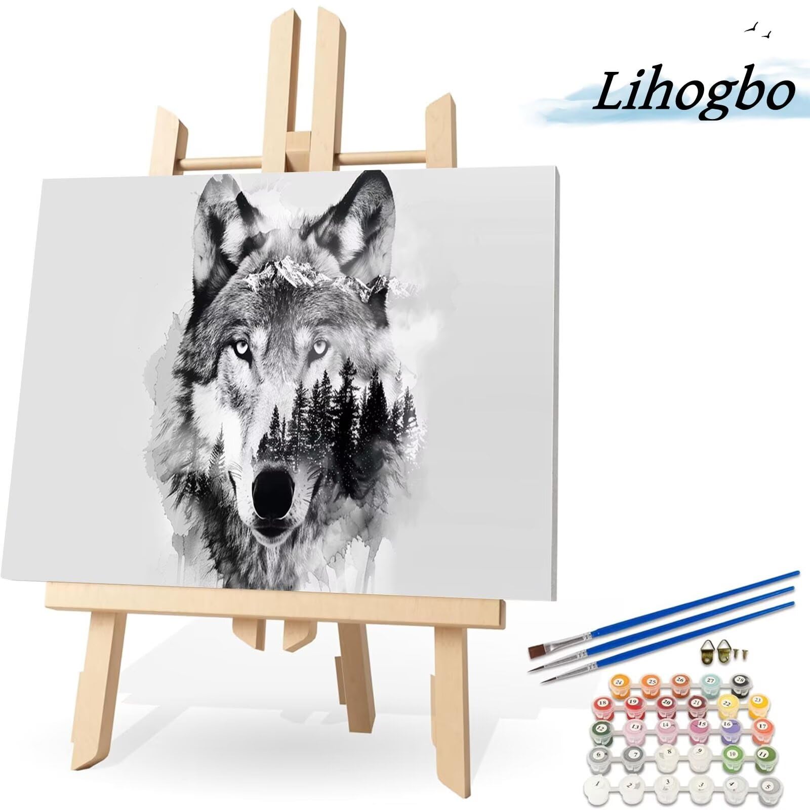 Kit Paint By Numbers Lupo EOBROMD Su Tela 20x30 Cm | Quadro Fai-da-Te Con Cornice E Colori Acrilici | Regalo Creativo Per Adulti E Bambini
