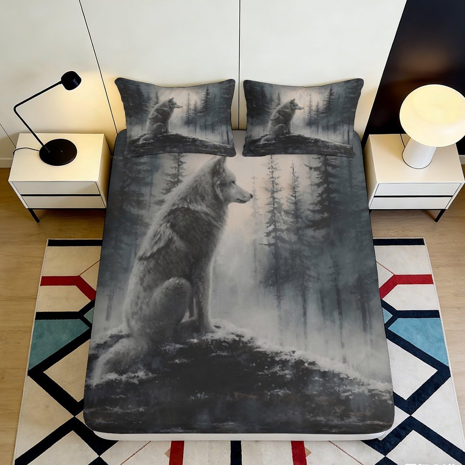 3D Printed Wolf Forest Fitted Sheet Microfiber Soft Breathable Misty Landscape Bed Cover for Bedroom Dormitory Guest Room Mattress Protection Decor 140x200x25cm