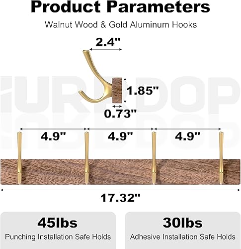 Miniatura 3 de Perchero de madera de nogal de 17 pulgadas con 4 ganchos dobles dorados, ganchos de entrada montados con adhesivo, modernas clavijas de madera