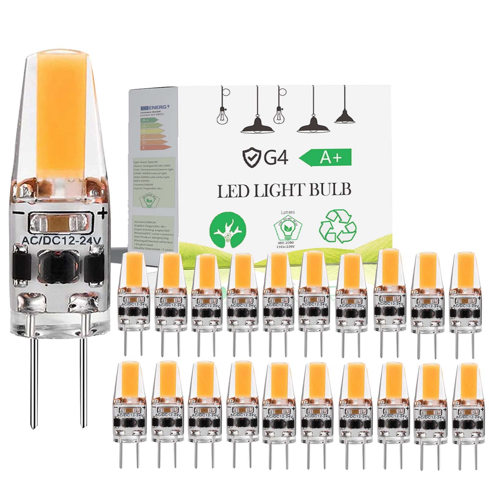 G4 LED Lampen, 3W G4 LED Leuchtmittel Birne ersetzt 30W Halogenlampen, 3000K Warmweiß 300LM 12V AC/DC G4 LED Leuchtmittel, Kein Flackern Dimmbar, 20er Pack