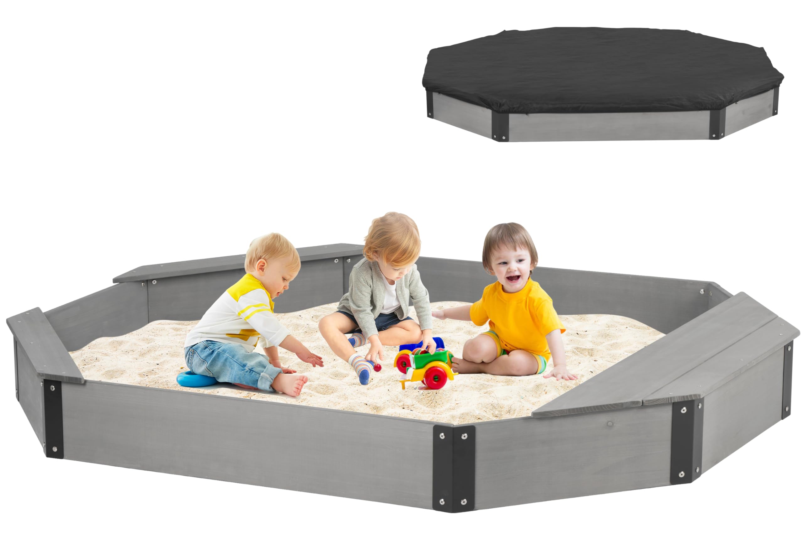 75.5''x53''x8.5'' Wooden Octagon Sandbox with Storage, Large Sandpit with Cover for Kids Outdoor Patio Backyard Play, Easy & Quick Assemble
