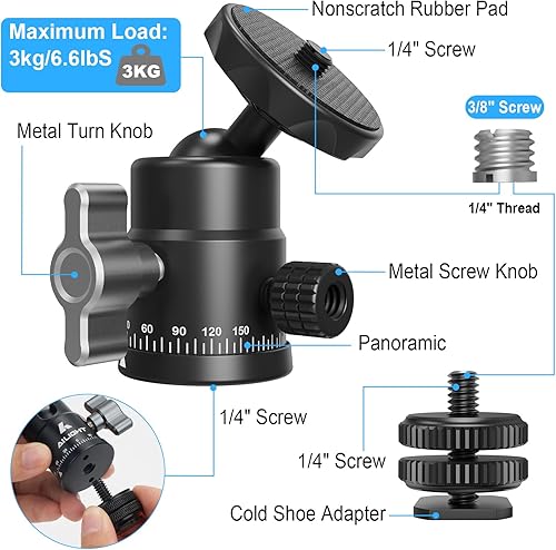 Miniatura 6 de Ailight Mini cabeza de bola, cabezal de trípode panorámico de 360, adaptador de tornillo universal de 14 a 38 pulgadas, soporte de trípode de cabeza