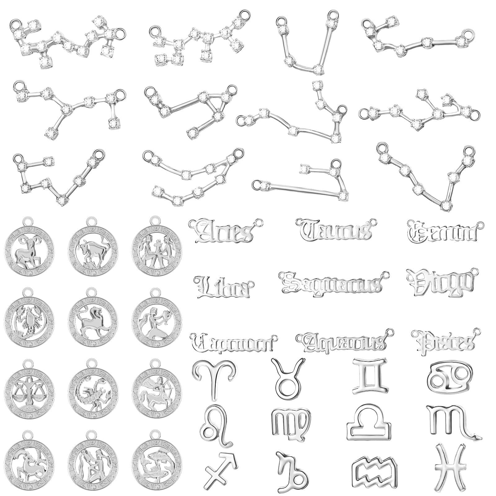 Hicarer 48 Pieces Zodiac Charms For Jewelry Making, 4 Styles Diamond Alphabet Alloy Zodiac Pendants 12 Zodiac Charms Horoscope Sign Necklace with 24 Zodiac Cards(Silver)