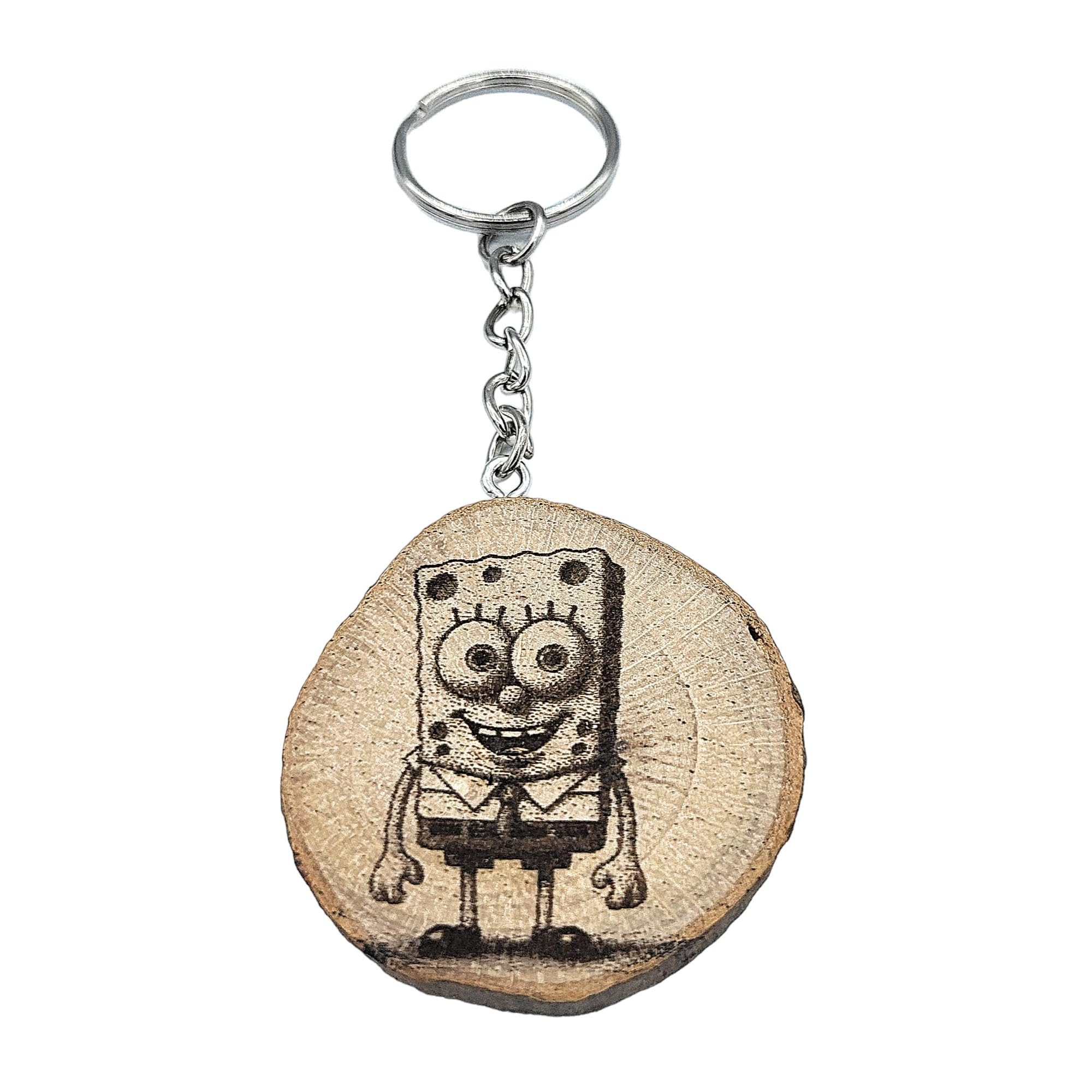 Promotech Unisex Natural Wood S-Bob Cartoon Schlüsselanhänger – Handgefertigter, Laser-Gravierter Holz-Schlüsselring – Einzigartiges Einzelstück Aus Naturholz