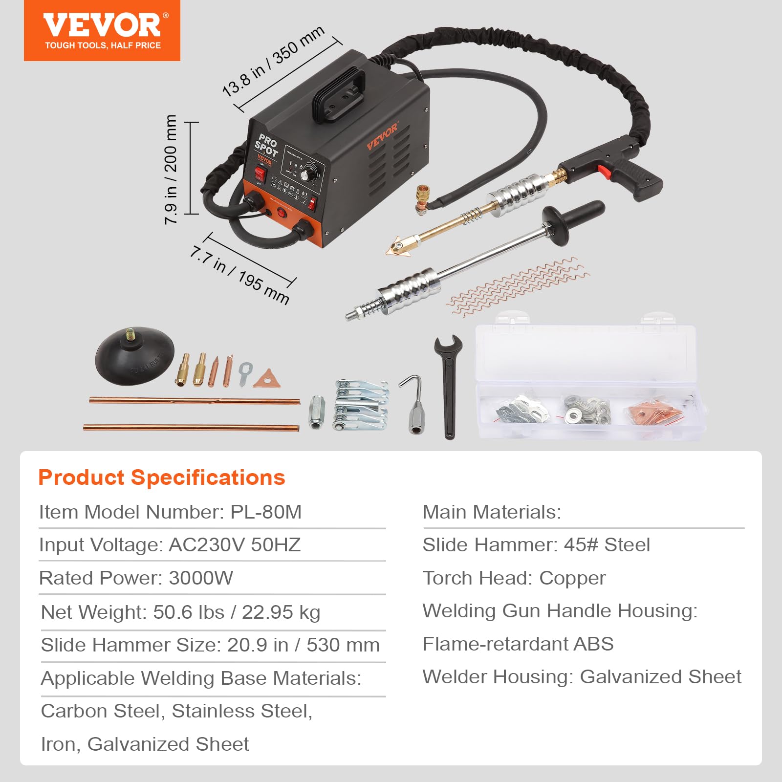 VEVOR Kit Estrattore per Carrozzeria 3KW, Stazione Saldatrice per Rimozione Ammaccature a Punti 6 Modalità di Saldatura, Kit di Strumento per Riparazione Ammaccature Carrozzeria per Auto Camion Moto