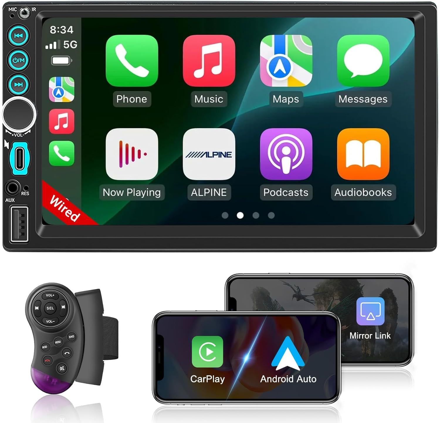 7" Wired Double Din Car Stereo Radio with Apple Carplay & Android Auto, Double Din Radio Support Bluetooth, SWC, FM, Mirror Link, Type-C, HD Touchscreen, Aux Input Car Audio Receivers