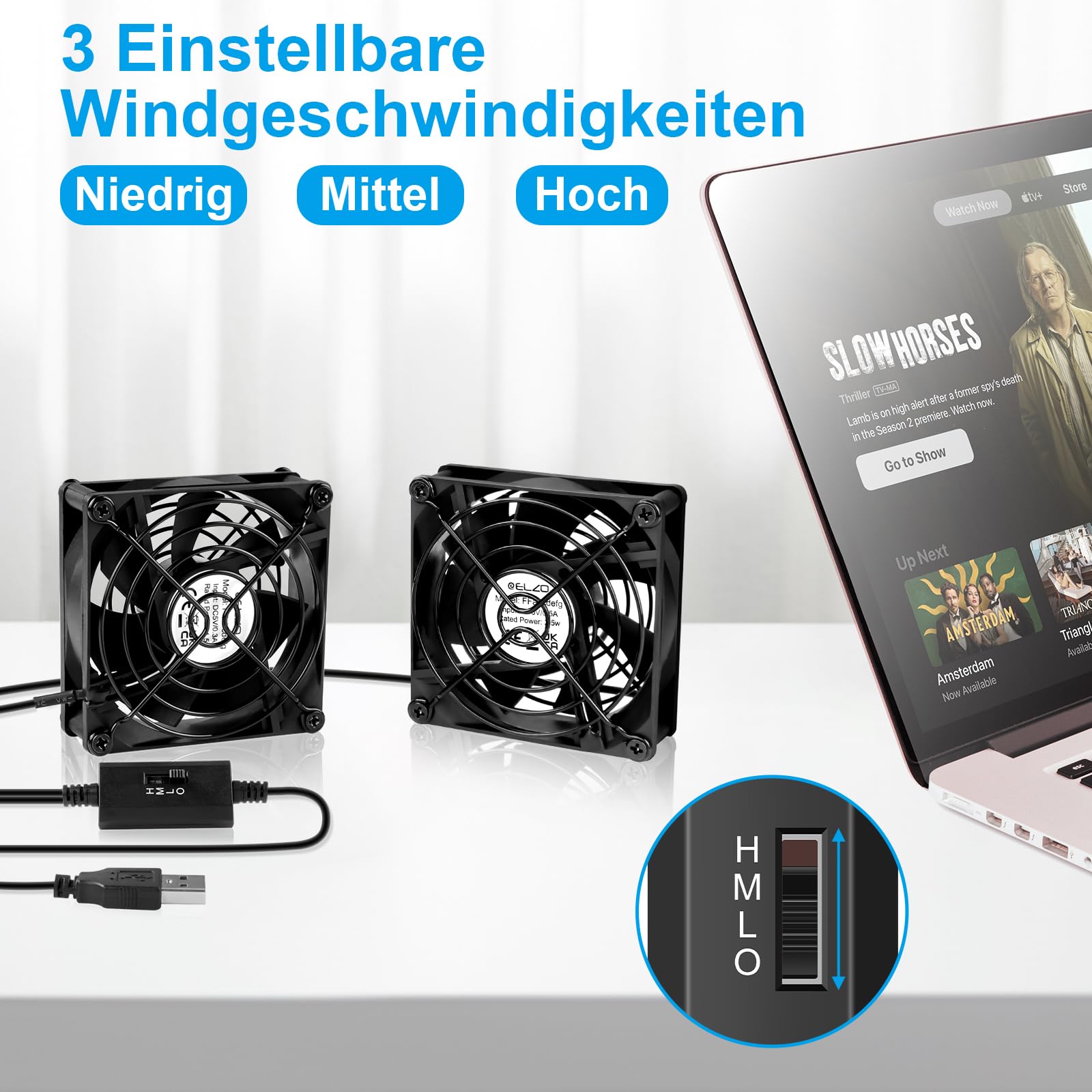 ELZO Wentylator USB 2 sztuki, 5 V z 3 regulowanymi prędkościami, cichy mini wentylator stołowy, USB PC wentylator osiowy (80 mm, czarny)