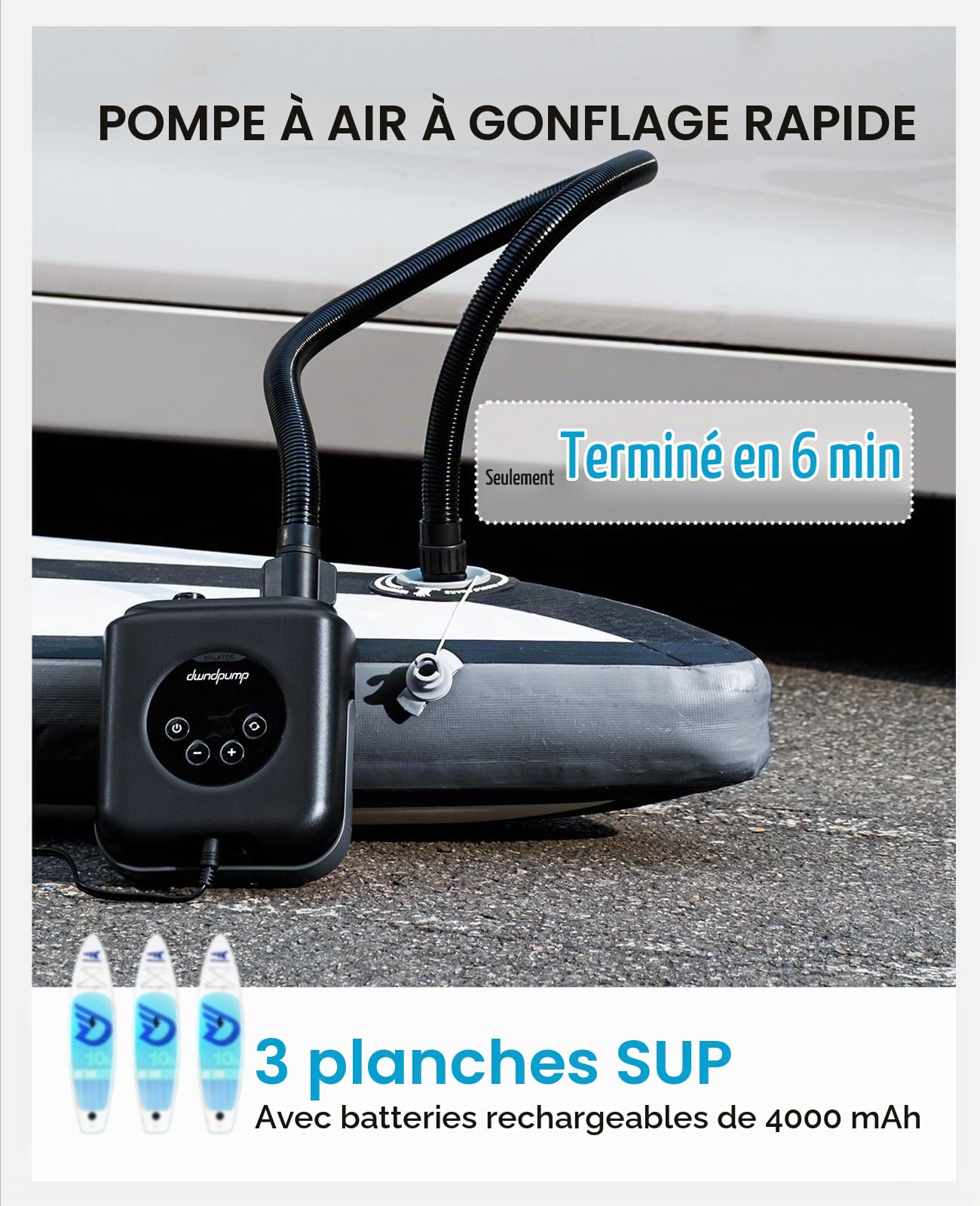 Pompe Sup Rechargeable 20PSI, air sans Fil 4000 mAh -12V connecteur Voiture, compresseur Double étage de gonflage/dégonflage, Pompe à Kayak