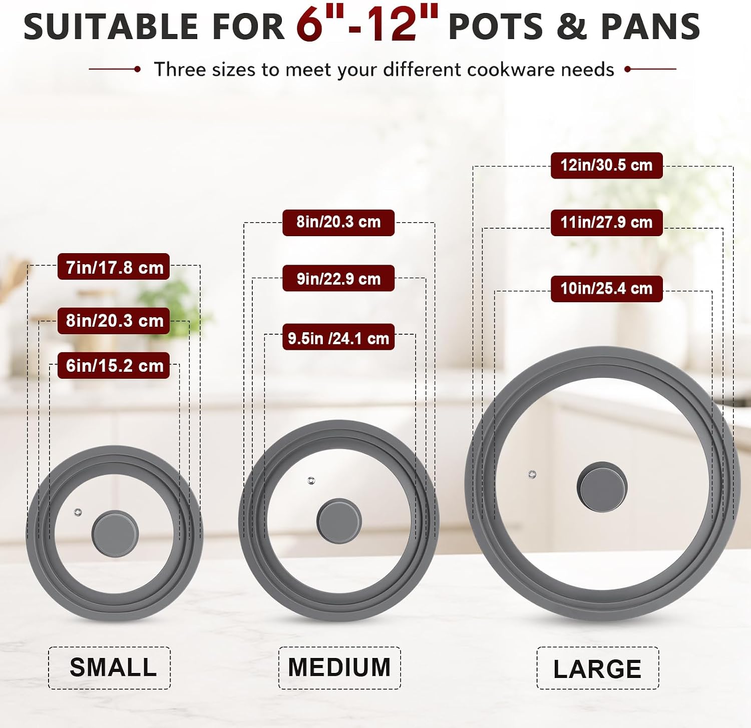 Blushtier 3 Pack Universal Lids for Pot, Pan, and Skillet, Replacement Lid