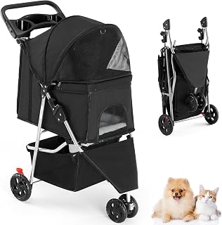 SMUG 3-Wheel Pet Stroller for Small Dogs & Cats - Lightweight Foldable, Breathable Mesh, Storage Basket, Cup Holder, Black