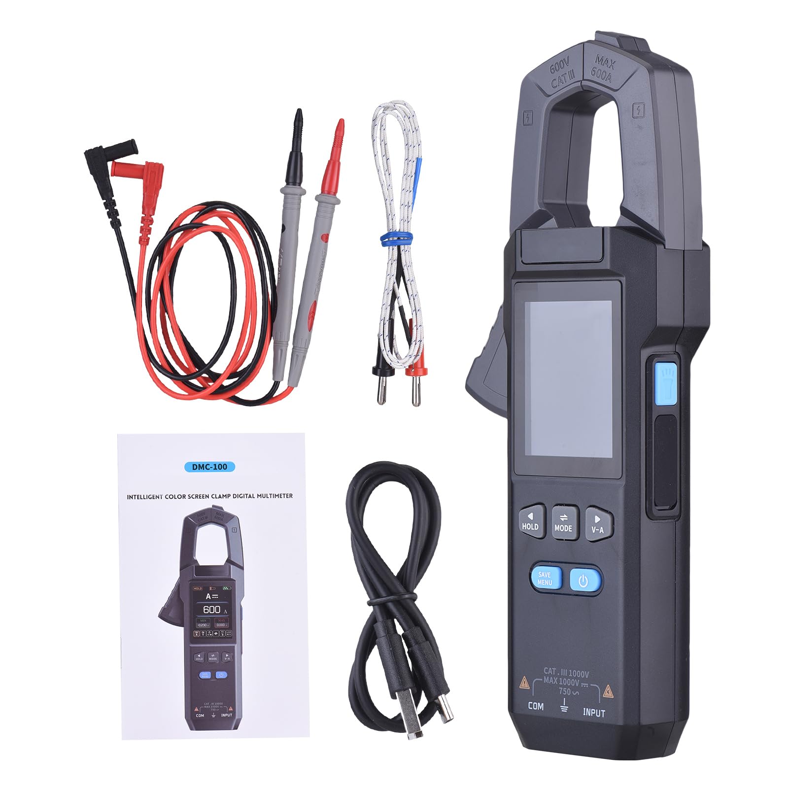 FTVOGUE 9999 Counts Zangenmessgerät Digitalmultimeter AC DC Spannung Stromtester mit Temperaturfühler NCV-Erkennung TFT-Display Datenspeicherung Taschenlampe Typ C Wiederaufladbar für (DMC-100)