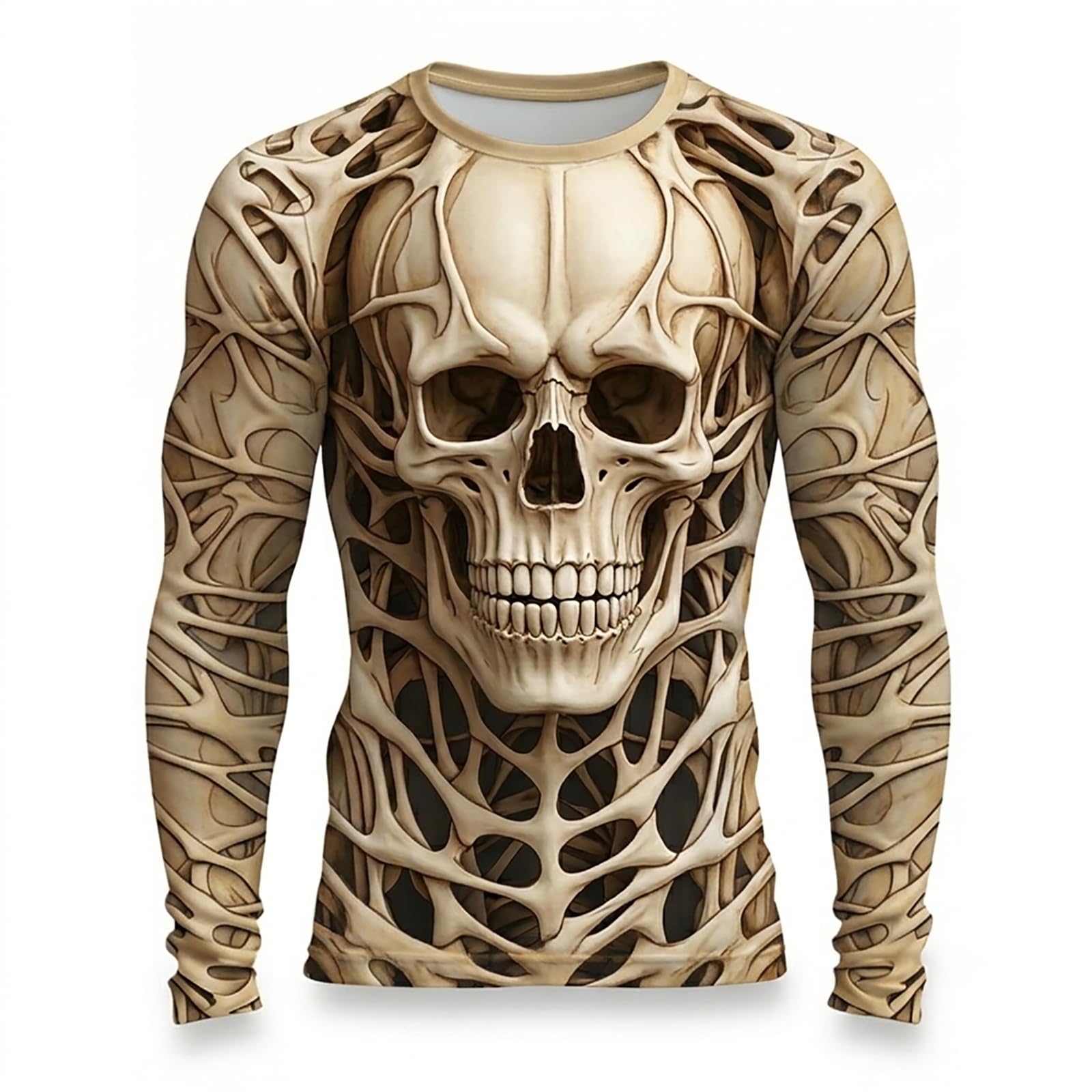 Mens Halloween Skeleton Shirts Crew Neck Long Sleeve 3D Print Graphic T Shirt Novelty Holiday Party Costumes Funny Pullover, Z03-Beige, 3XL