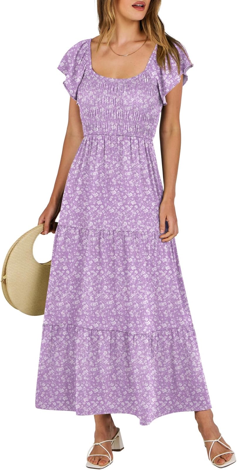 ANRABESS Women’s 2024 Summer Casual Maxi Dress Flutter Sleeve Scoop Neck Smocked Tiered A Line Flowy Beach Long Sun Dresses