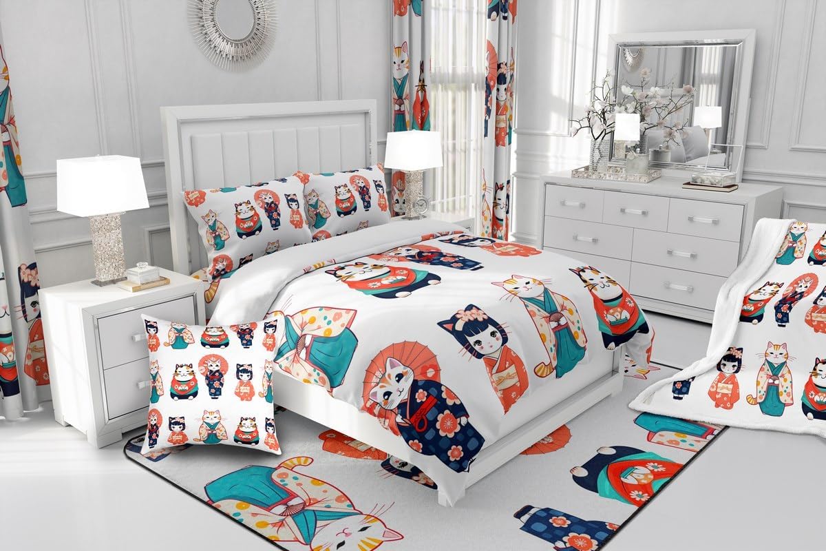 Erosebridal Japanese Geisha Girl Coverlet Set Oriental Japan Kimono Bedding Set Cute Kawaii Cat Bedspread King Traditional Japanese Clothing Quilt for Kids Girls Women Cartoon Style Home Decor