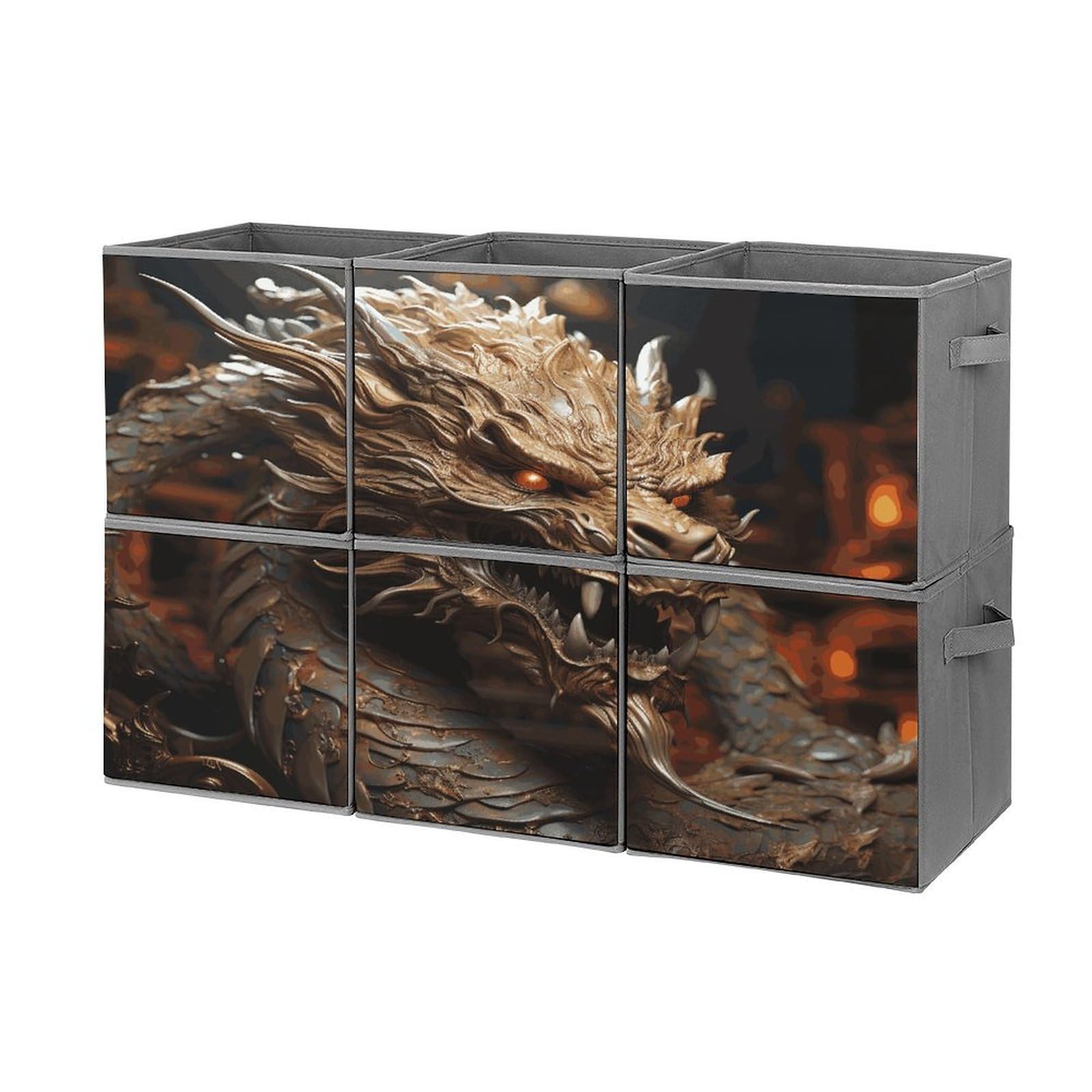Fekiloot Style Golden Dragon On Red Background Storage Bin For Foldable And Handles,Closet Organizer Of 6-Pack Stackable,Storage Box For Living,Room, Office,Bedroom,Closet
