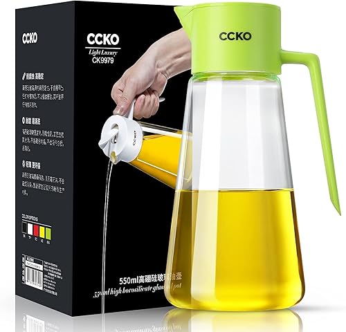 Miniatura 7 de CCKO Botella dispensadora de aceite de oliva de vidrio con boquilla abatible automática de 19 onzas para cocina, dispensador de aceite de cocina sin