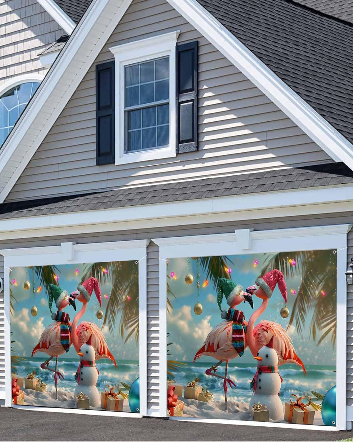 Christmas Beach Garage Door Banner Cover Decorations,Palm Tree Snowman Flamingo Blue Outdoor Hanging Garage Door Covers Christmas Thanksgiving Halloween Large Wall Backdrop for Holiday Party,6.8x16ft