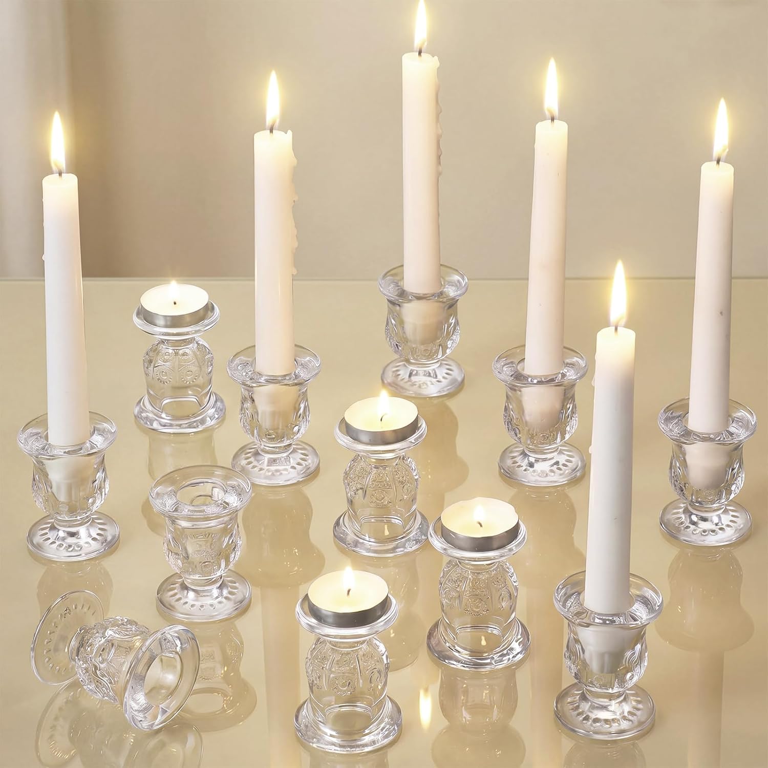Mumufy 12 Pcs Glass Taper Candlestick Holders 2.36'' Clear Tealight Candleholder for Table Centerpieces Crystal Candle Stand for Wedding Dining Party Decor(Clear,Classic)