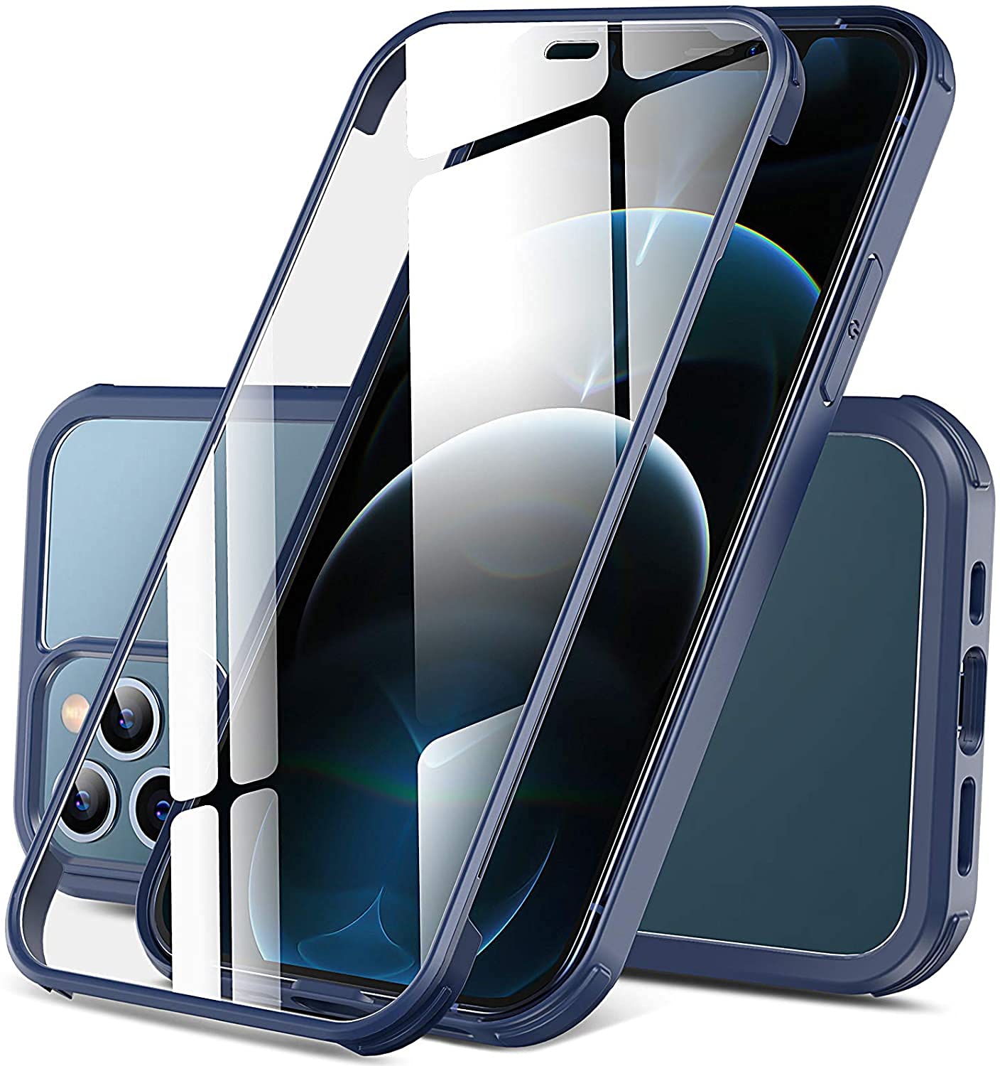 DOSNTO Double Sided Clear Case for iPhone 12/12 Pro (6.1''), Front and Back Full Body 360 Shockproof Drop Protection Phone Case Built-in Tempered Glass Screen Protector Rugged Phone Cover, Blue