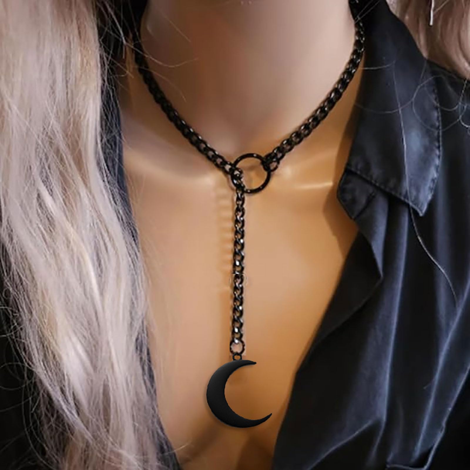 Black Gothic Necklace for Women Moon Stainless Steel Slip Chain Long Choker Chunky Goth Y Punk Necklace Jewelry Gift: Black Moon