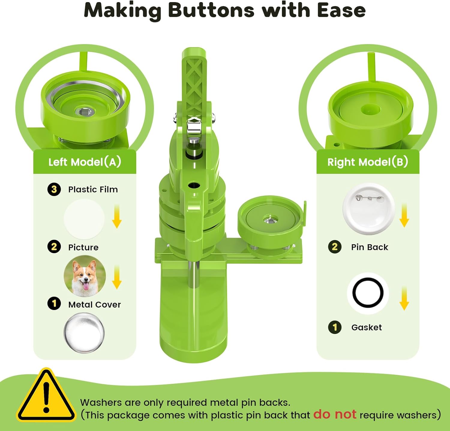 Aiment Button Maker Machine Multiple Sizes 200Pcs, Badge Maker 1.25+2.25 inch for Kids, Badge Press Machine with 200 Sets Button Making Supplies & Cutter & Cutting Mat (Green, 32/58mm)