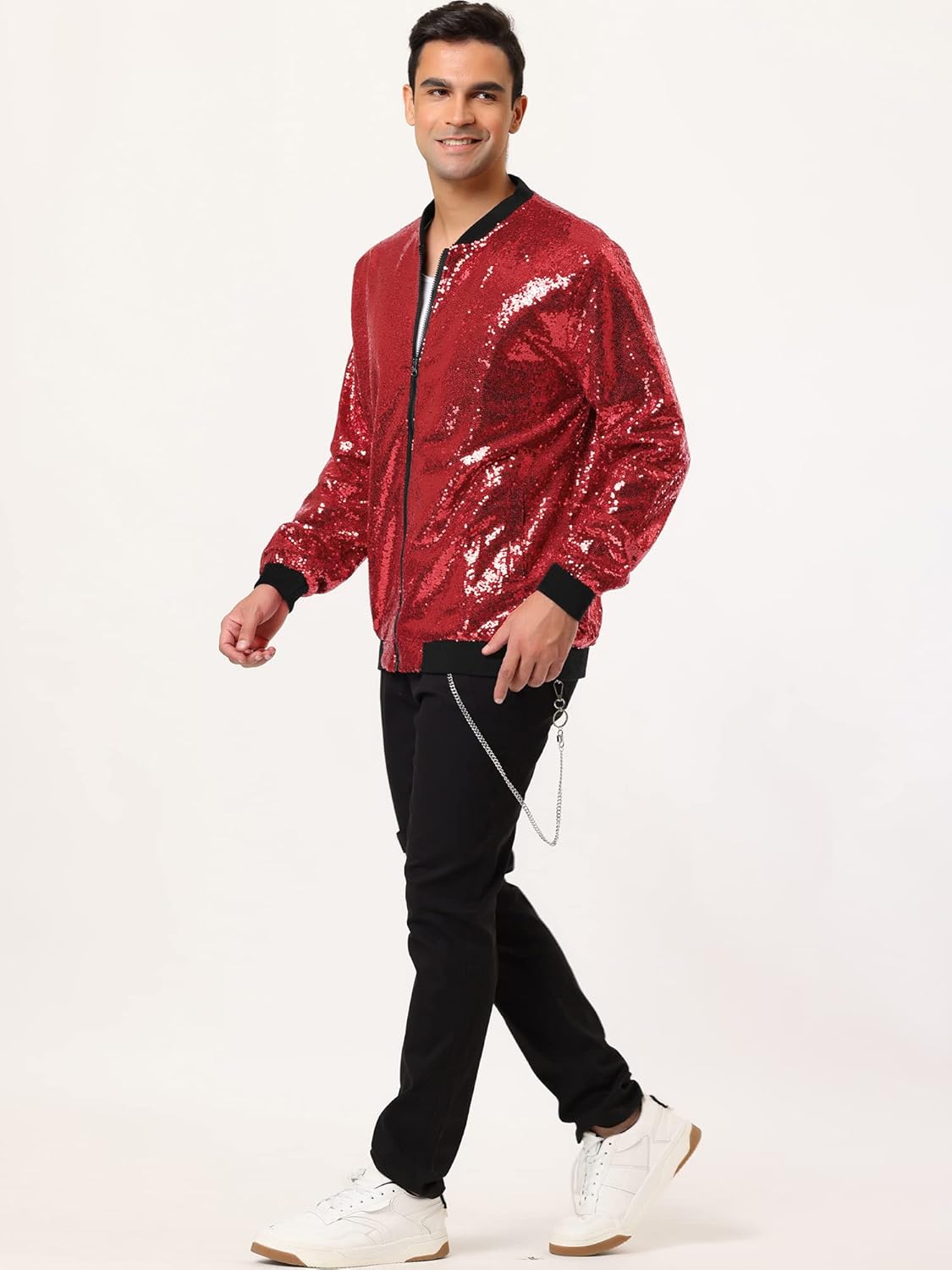 Lars Amadeus Men's Varsity Jacket Halloween Party Disco Shiny Sparkly Glitter Bomber Sequins Jacket - Image 3