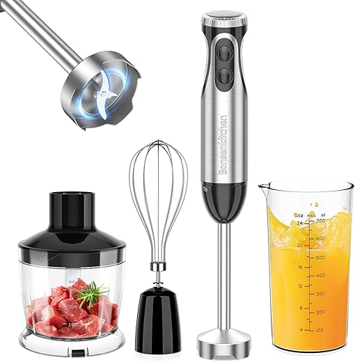 Bonsenkitchen Immersion Blender, 20 Variable Speeds & Turbo, 4-In-1 Stainless Steel Handheld Blender Stick Mixer with Egg Whisk, Beaker & Chopper Bowl