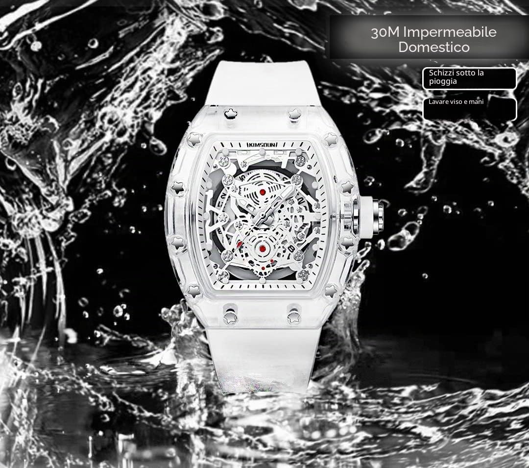 Elegante orologio sportivo con scheletro, impermeabile, analogico al quarzo, con data, calendario, cassa tonneau trasparente, cinturino in silicone per uomo unisex