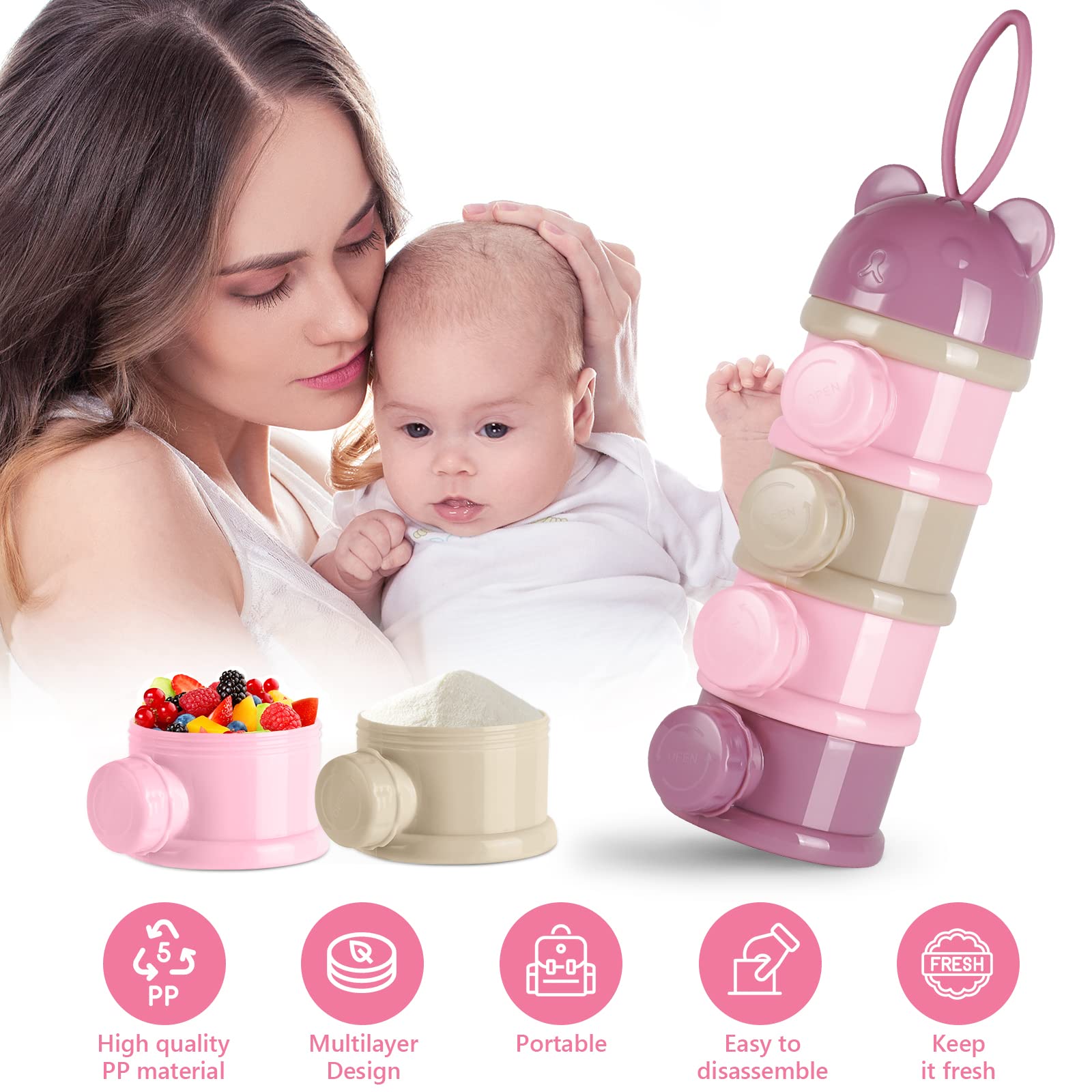 Vicloon Dosatore per Latte in Polvere, Dispenser di Latte in Polvere con 4 Scomparti, Impilabile Contenitore Spuntino e Dosalatte in in Polvere per Viaggio, Cereali, Frutta (Rosa)