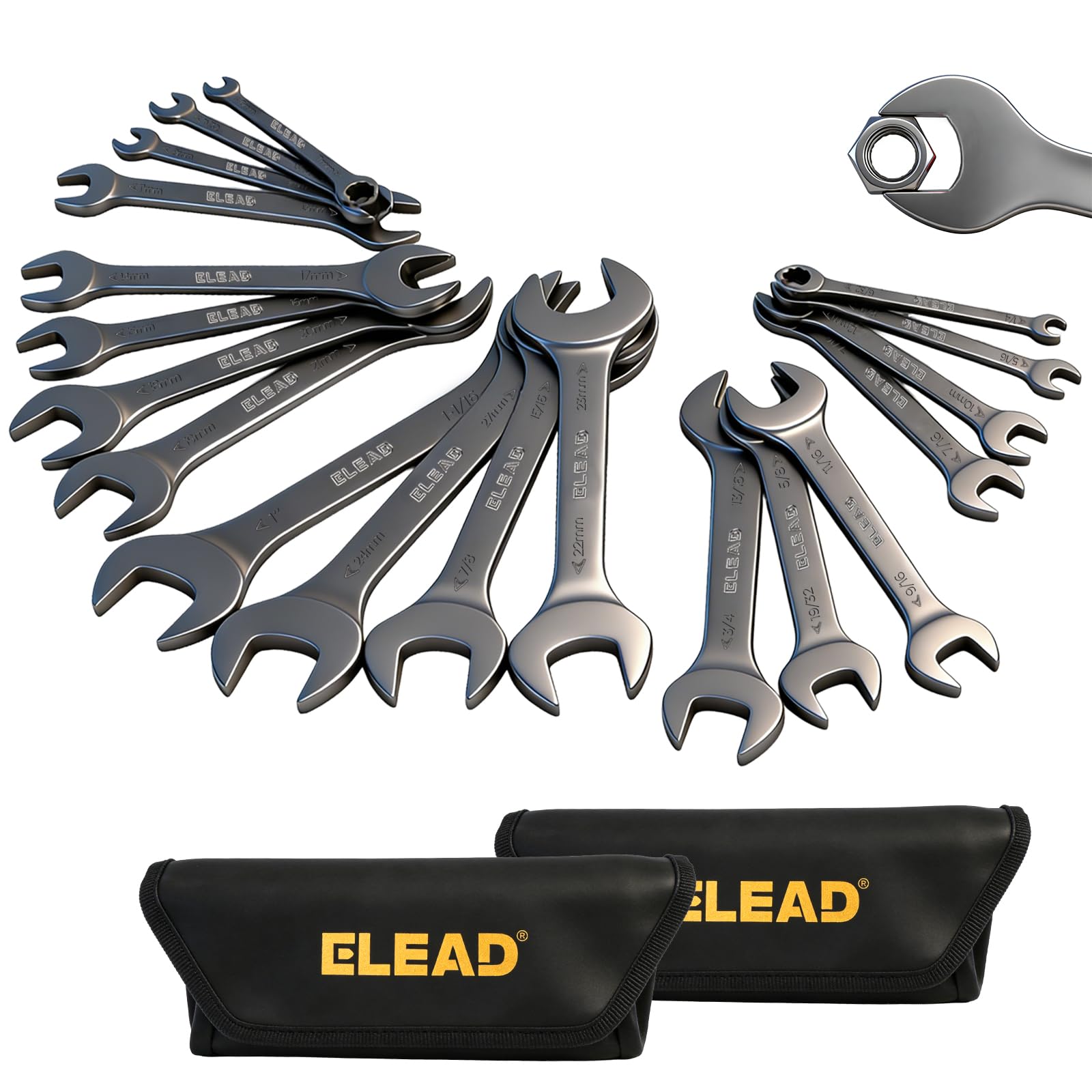 ELEAD Super-Thin Open End Wrench Set, Mechanic Tools | 19-Piece SAE & Metric Sizes | CR-V Nickel Plated | Ultra-Slim Design | Corrosion-Resistant | Durable Roll-Up Pouch