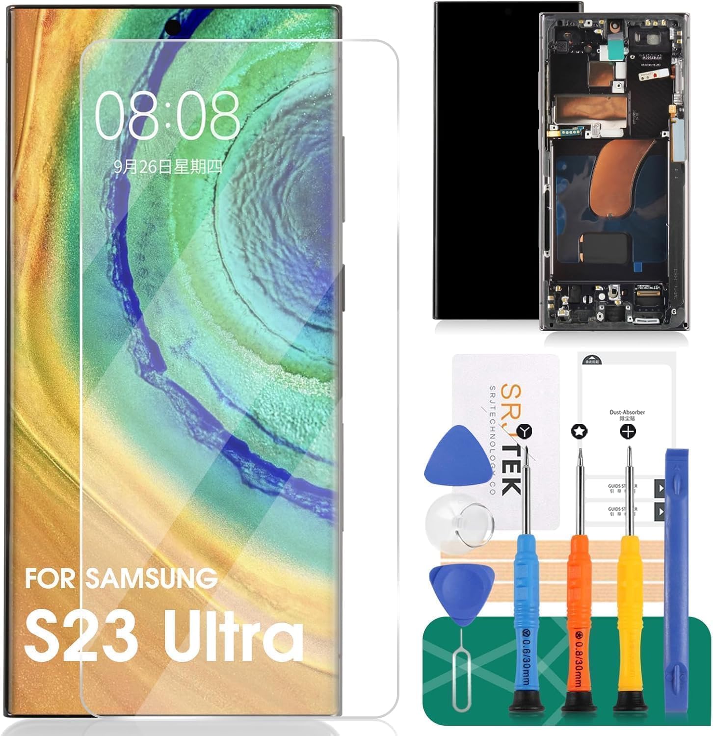 SRJTEK (version US) TFT pour Samsung Galaxy S23 Ultra 5G Écran LCD de remplacement pour Galaxy S23 Ultra SM-S918U Ensemble d'écran tactile digitaliseur de réparation avec cadre (Noir, sans empreinte