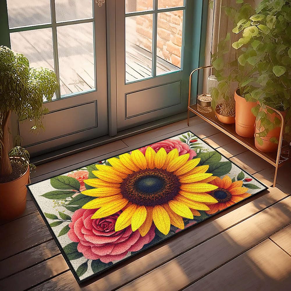Tapis de bienvenue pour porte d'entrée élégant avec roses et tournesols