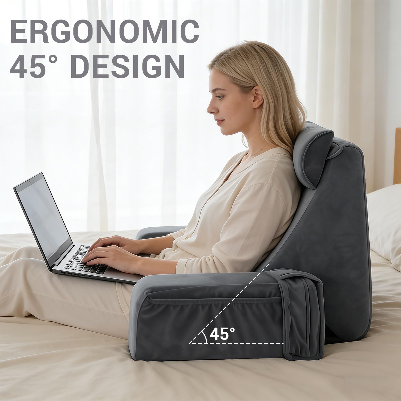 Cuscino da lettura per letto e divano, con braccioli e cuscini per la testa rimovibili, ergonomico, per la schiena, colore grigio, per leggere, lavorare, guardare la TV