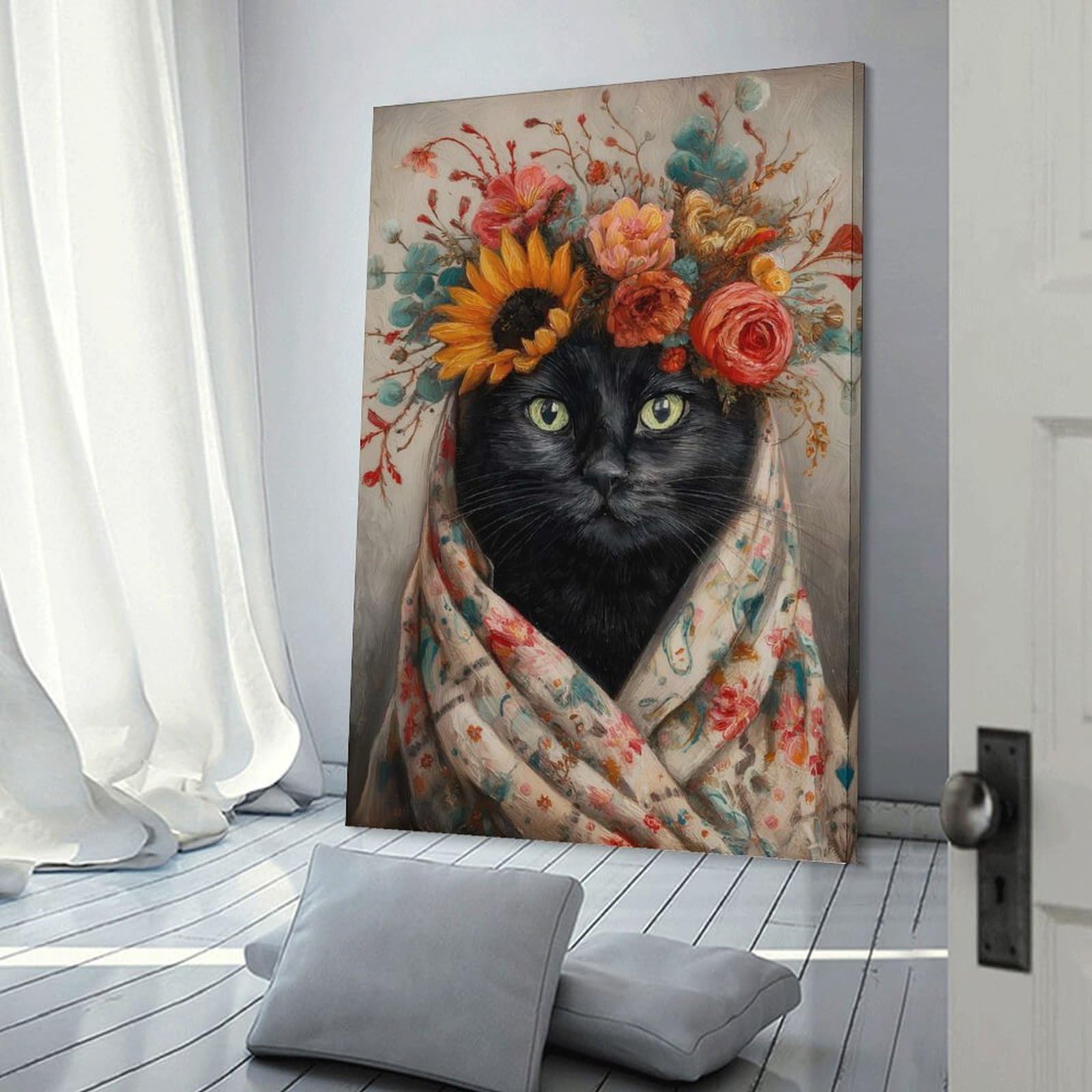 Junmoney Frame-Style-13 Canvas Wall Decor Black Cat With Floral Crown Painting, 16X24inch(40X60cm), For Home Lounge, Bedroom Or Reading Nook, Eye Catching Artwork For Blank Walls
