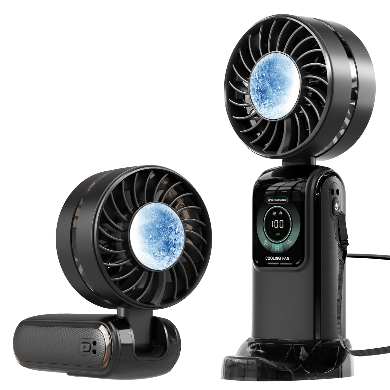 RaMokey Handheld Fan Rechargeable, 5 Speeds Portable Turbo Fan with Ice Cooling, Foldable Small Personal Fan, USB Electric Mini Fan for Travel Home Office Outdoor – Black