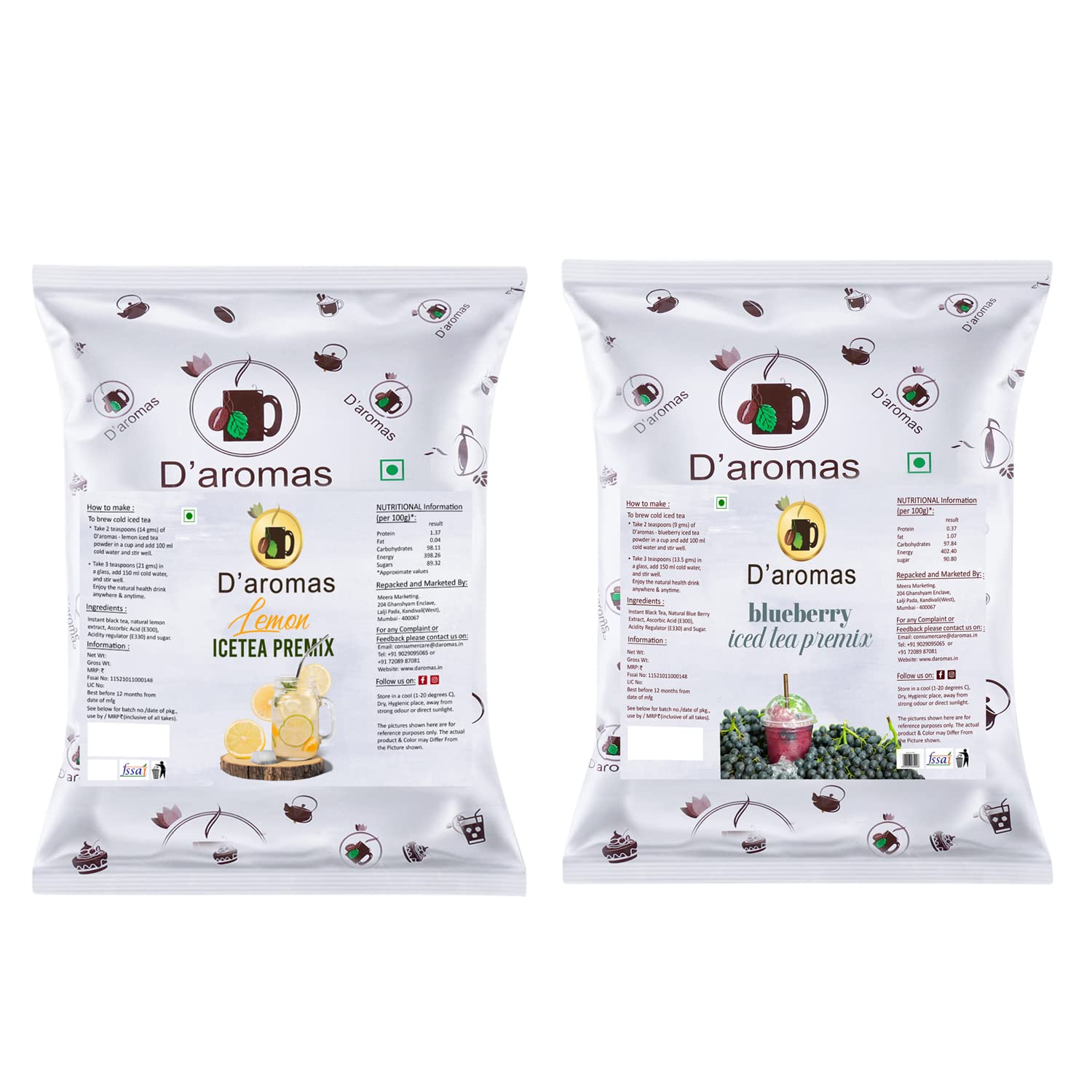 D'aromas Lemon & Blueberry Ice Tea 1kg, Instant Premix Ice Tea Powder, Ready to Drink Iced Tea, Summer Drink