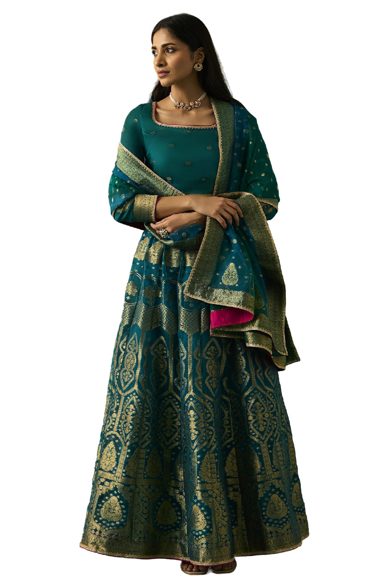Wishful Women's Embellished Brocade Blouse with Skirt and Dupatta Set