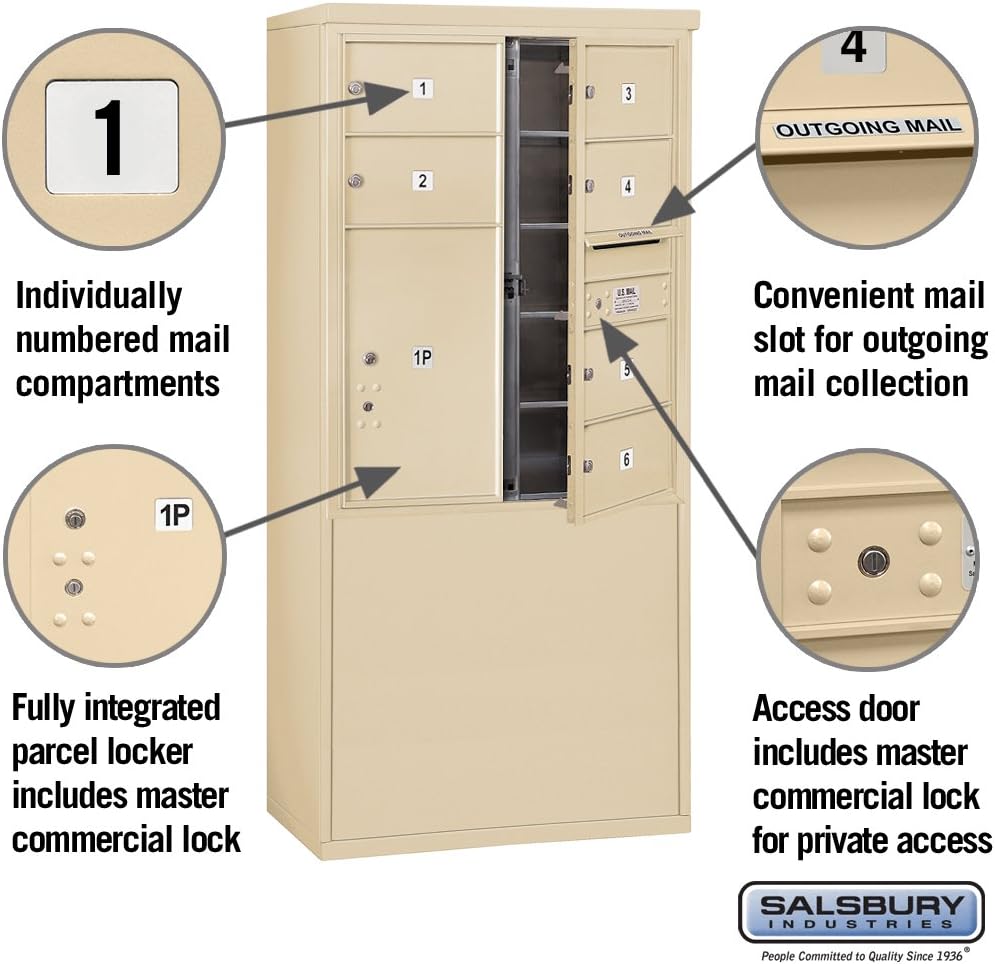 Salsbury Industries Salisbury Industries 3910D-06SFP, Front Loading, Double Column, 6 MB2 Doors, 1 PL6, Private Access, Sandstone Free Standing Horizontal 4C Mailbox