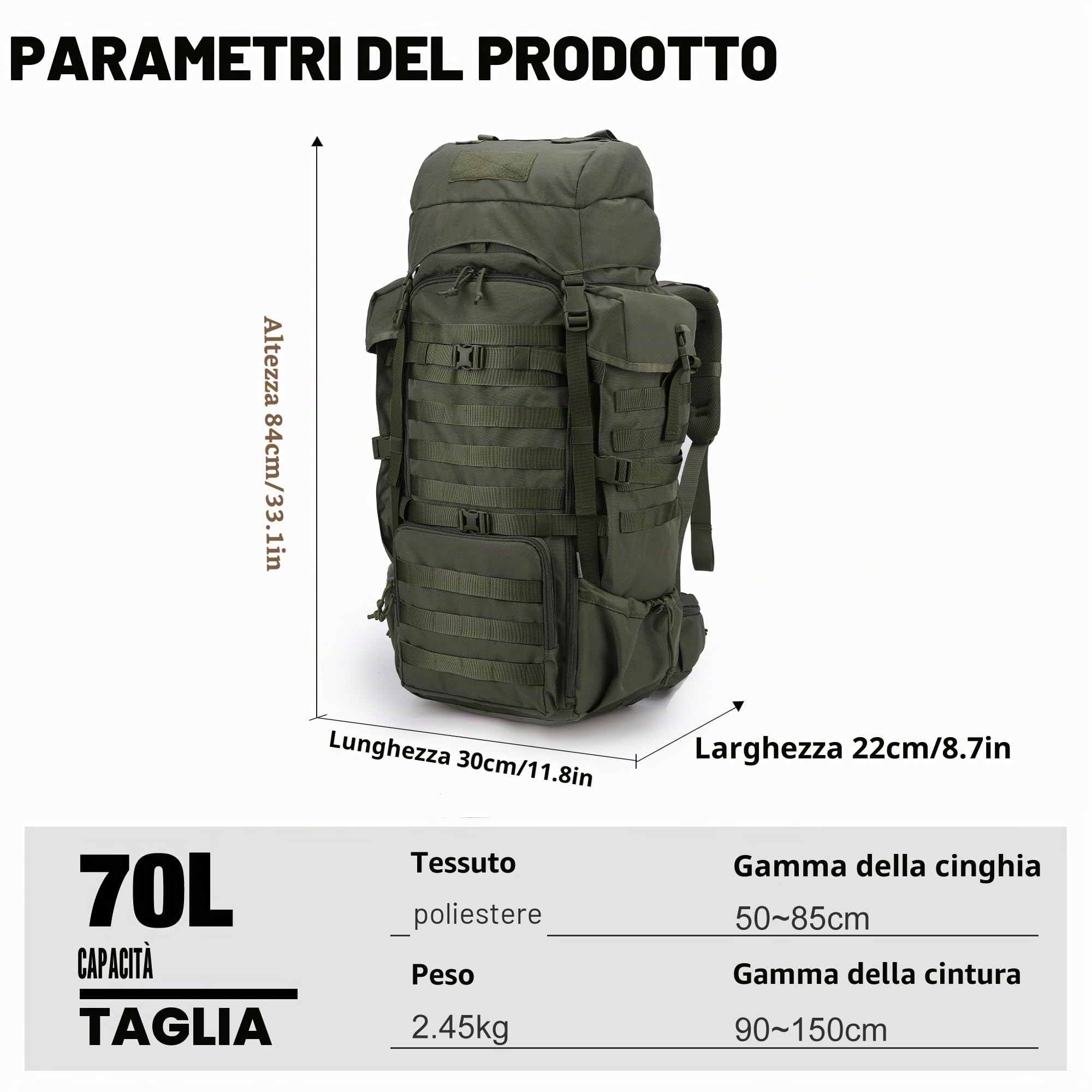 Mardingtop 70L Zaino Militare da Trekking con Copertura Antipioggia Zaino da Trekking All'aperto Zaino Tattico di Grande capacità per Escursioni, Alpinismo e Viaggi (70l-Verde Cavalleria)