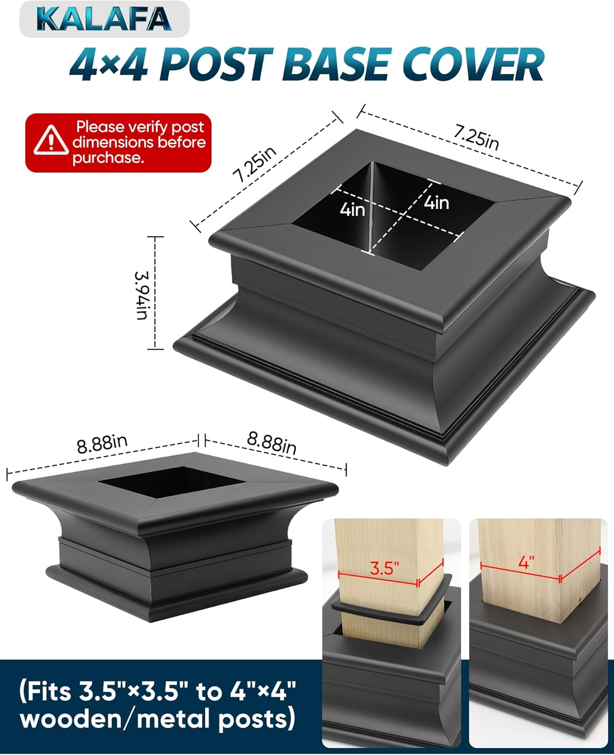 2-Pack Aluminum Post Base Cover - Split Large Post Protector Skirt for Deck, Porch, Mailbox, Patio, Fence and Railing | Weather-Resistant Widen & Tall Column Cap (Black 4×4)