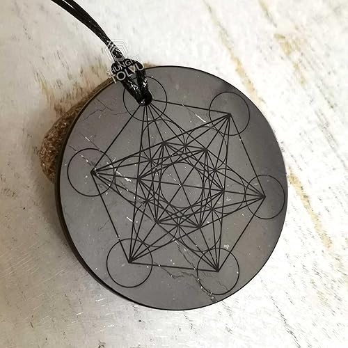 Miniatura 5 de Colgante de cristal Shungite grande con cubo de metatrón, 2 pulgadas, collar grabado en piedra de shungita rusa - amuleto - hecho a mano - TOLVU