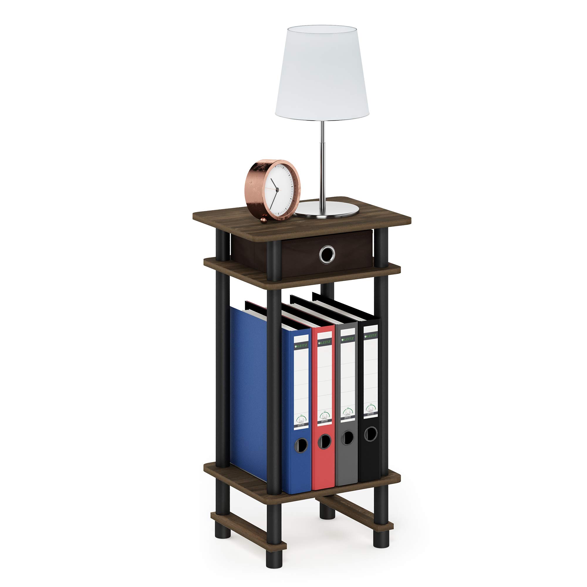 Furinno TURN-N-TUBE Side Table, 3-Tier End Table with Storage Bin, Open Shelf Night Stand, Bedside Table, Toolless Assembly, for Living Room, Bedroom, Columbia Walnut — image 1