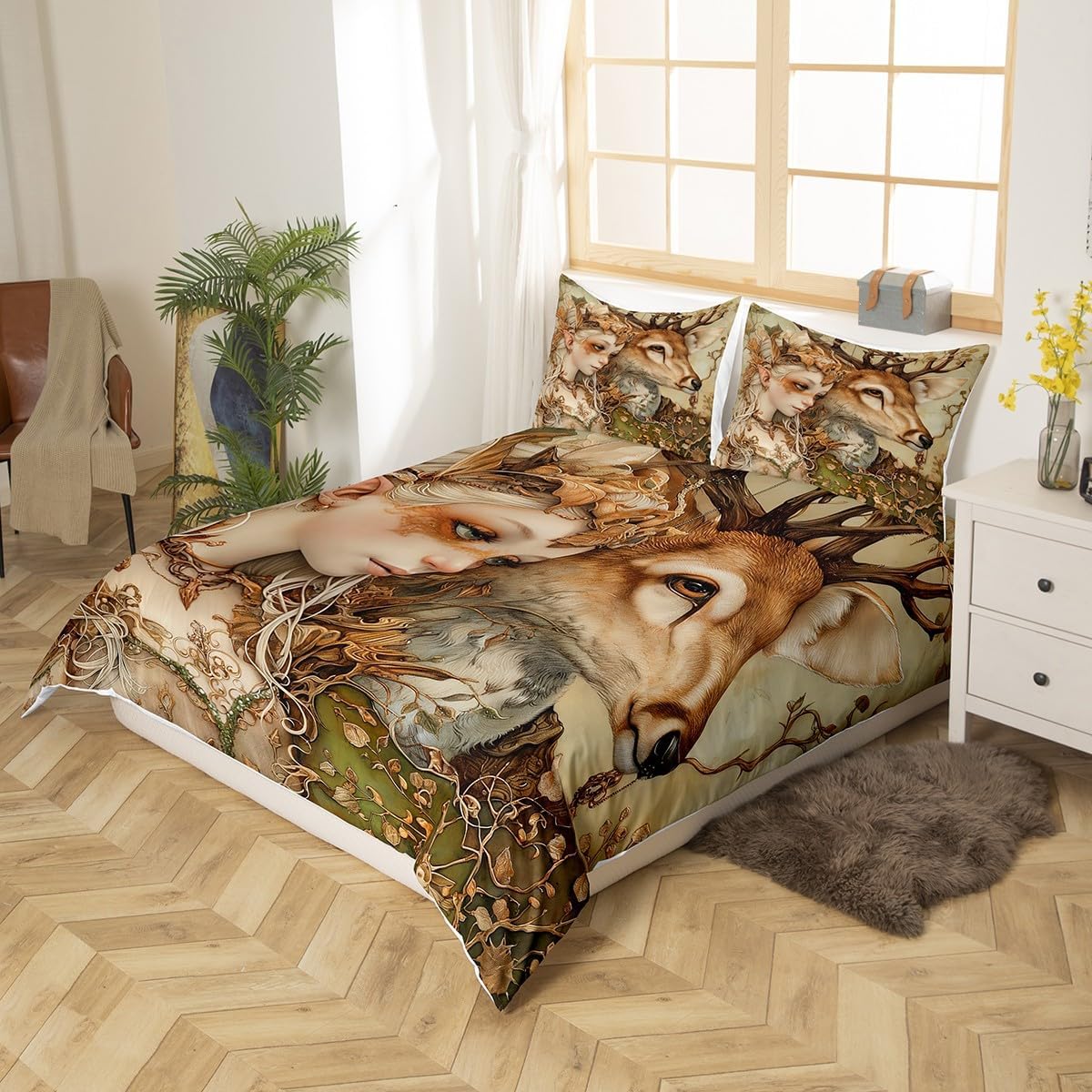 Deer and Girl Duvet Cover Set Queen Size,Elk Antler Dead Branches Leaves Bedding Set for Kids Teens Adult Room Decor,Cute Nature Fairy Girl Comforter Cover Vintage Magical Quilt Cover,2 Pillowcases
