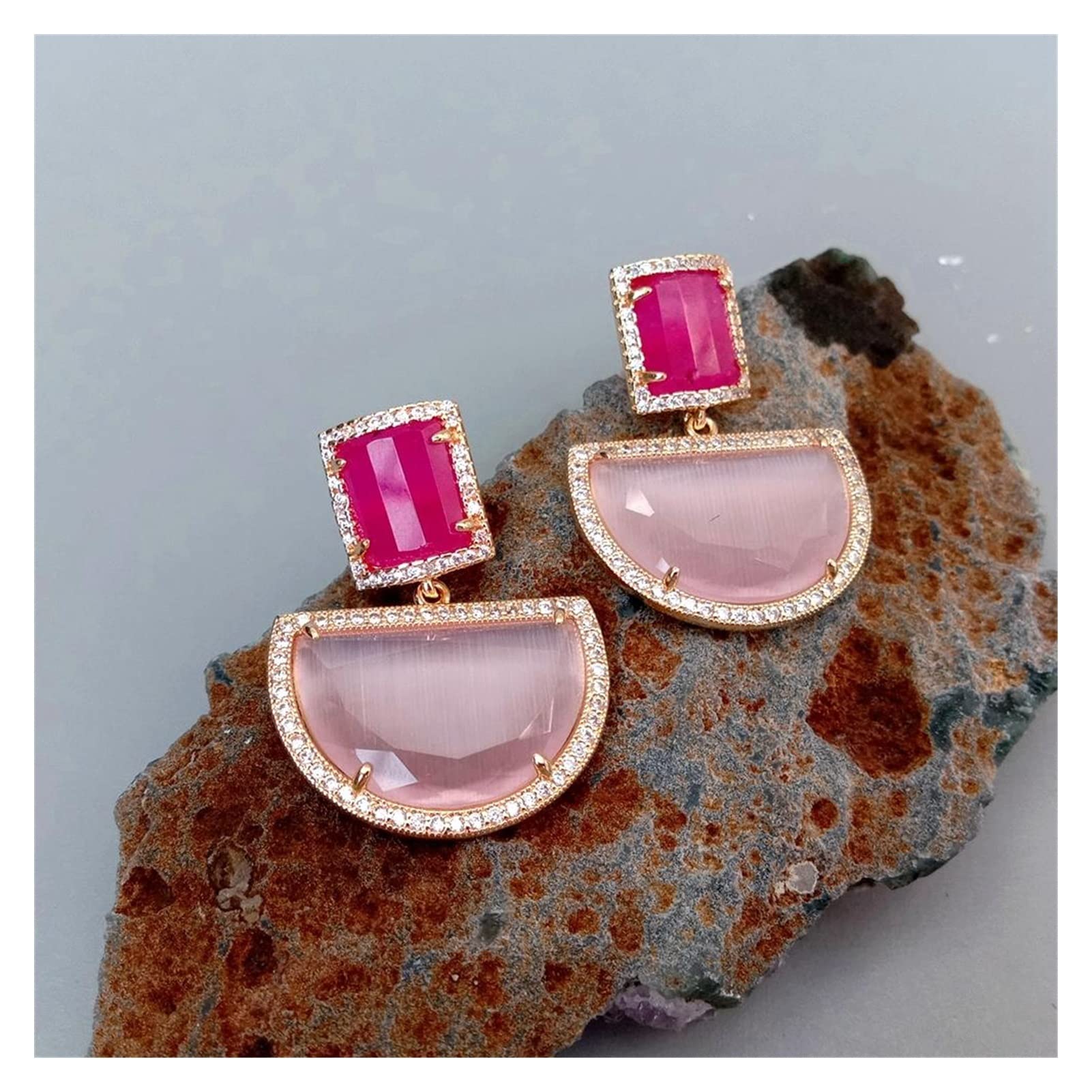WXKAGF Joyería de Moda, Pendientes de Tuerca Fucsia rectangulares Rosas, joyería de Moda geométrica, Pendientes de Gama Alta